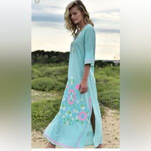 NWT Debbie Katz Resort Wear Taliah Embroidered Maxi Tunic Color: Sea/Multi SizeS